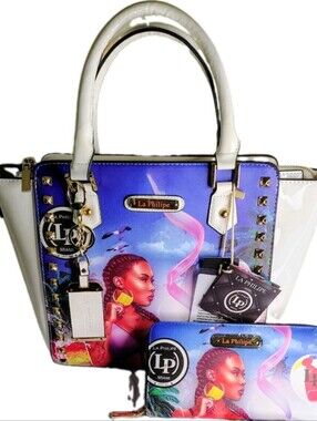 La Philipe White and Blue Printed Satchel with Matching Wallet